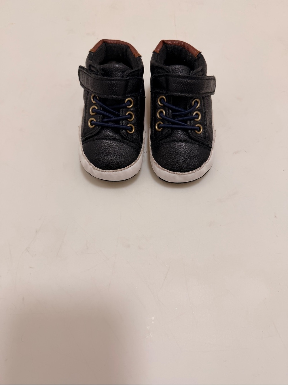 Baby High-Top Walker Shoes in Black with Brown Trim